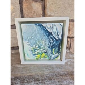 Abstract Ocean Fluid Art 6.5x6.5 Framed Canvas Blue Green Acrylic Pour Painting